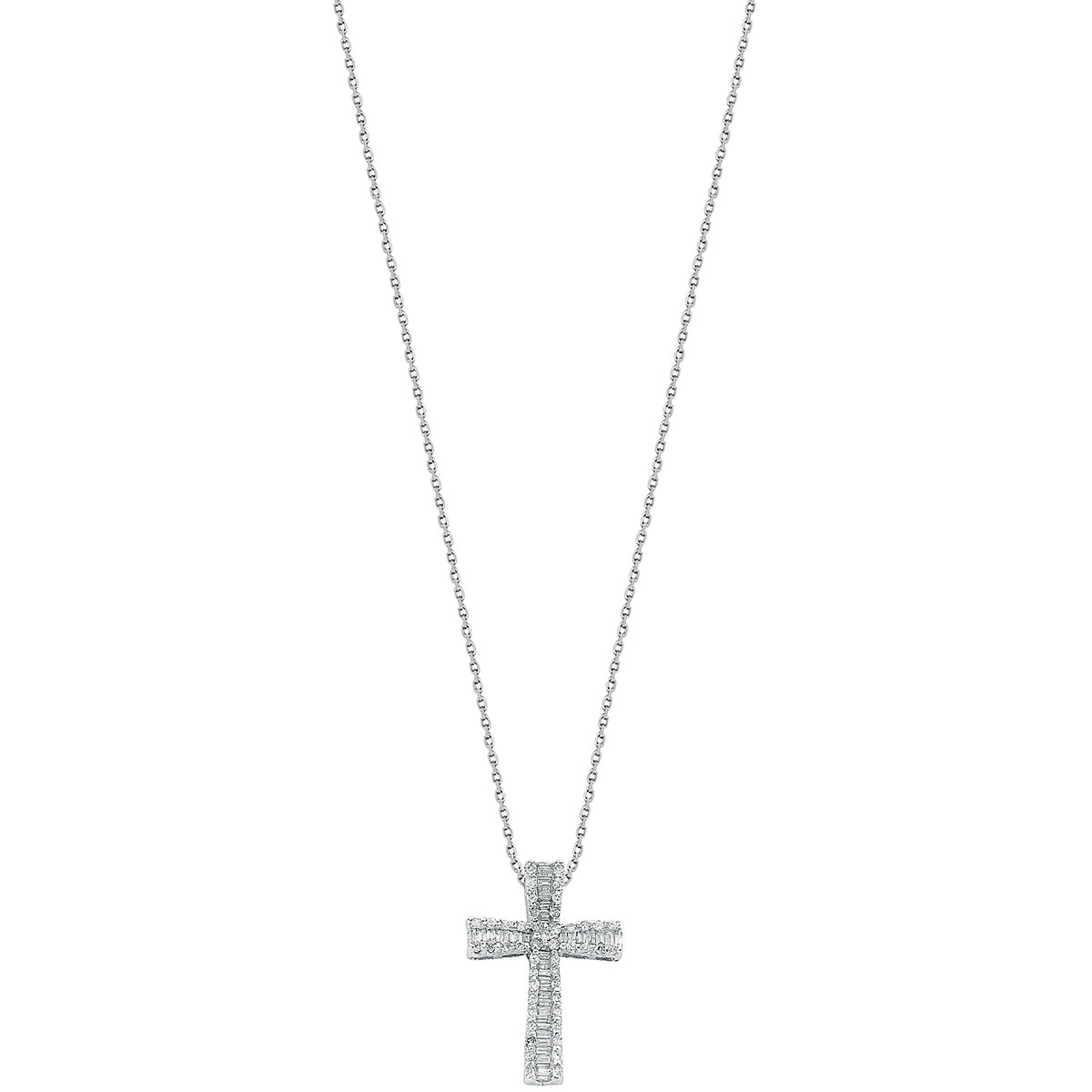 0.50ct Natural Diamond Brilliant & Baguette Cross Pendant Necklace – 18 Inch - 9K White Gold