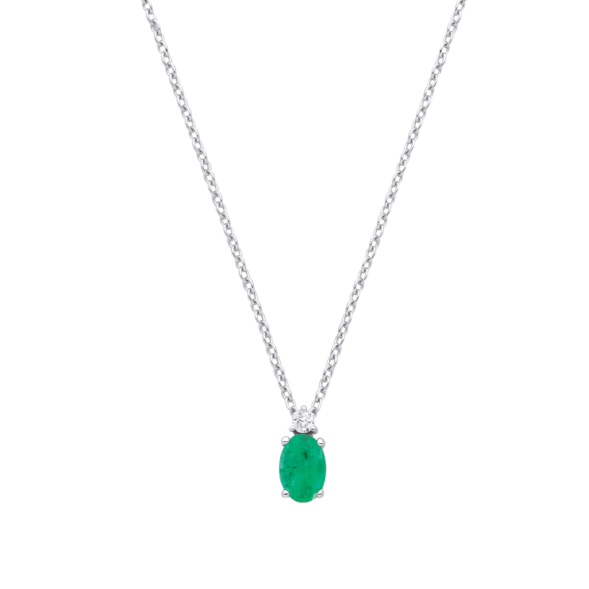0.40ct Oval Emerald & 0.03ct Natural Diamond Pendant Necklace – 18 Inch - 9K White Gold