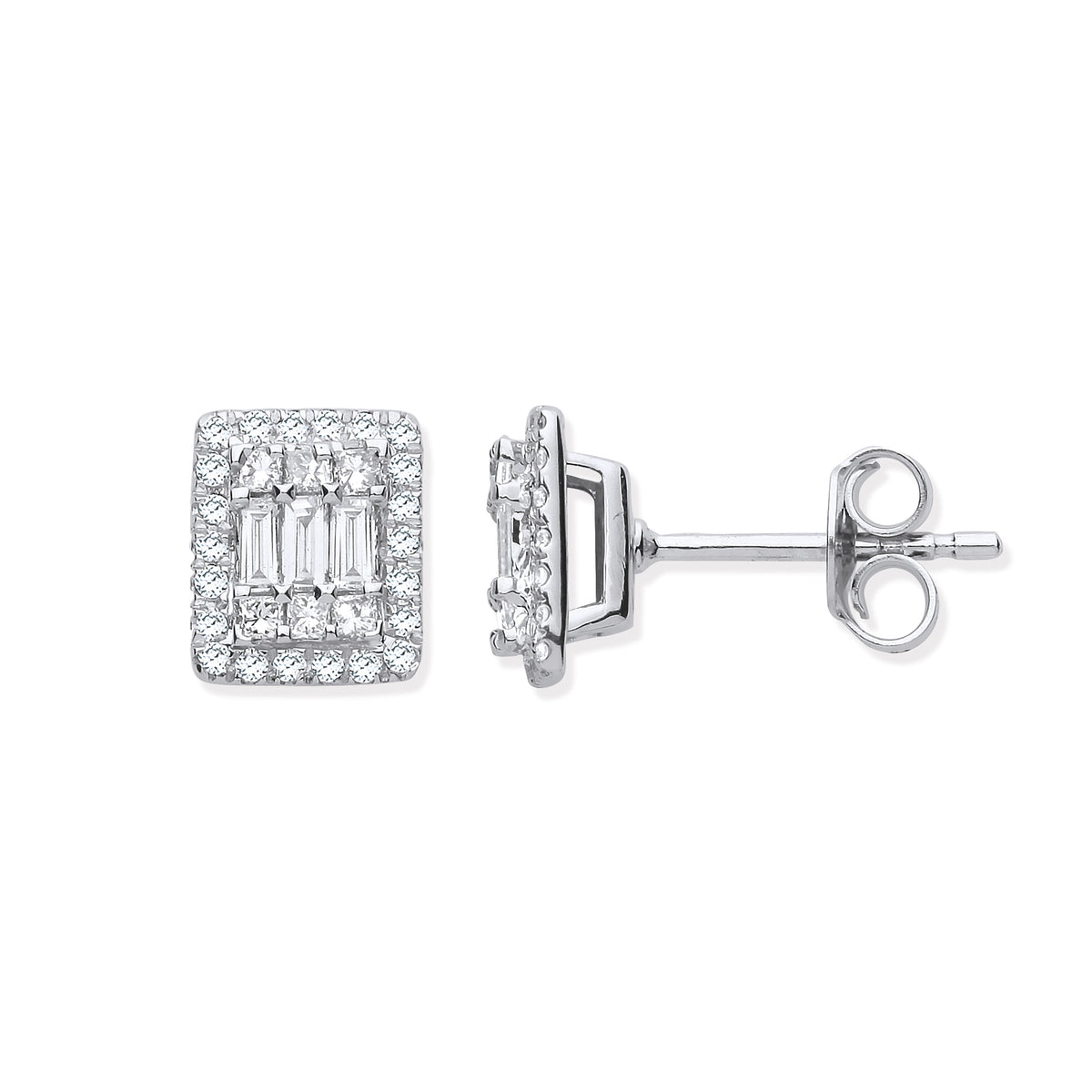 0.50ct Natural Diamond Baguette & Rounds Rectangular Stud Earrings - 18K White Gold