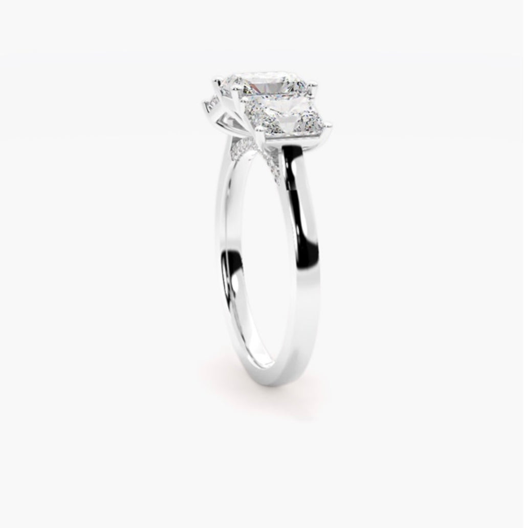 2.5ct Radiant Cut Lab Grown Diamond Trilogy Engagement Ring 1ct Side Diamonds – IGI Certified