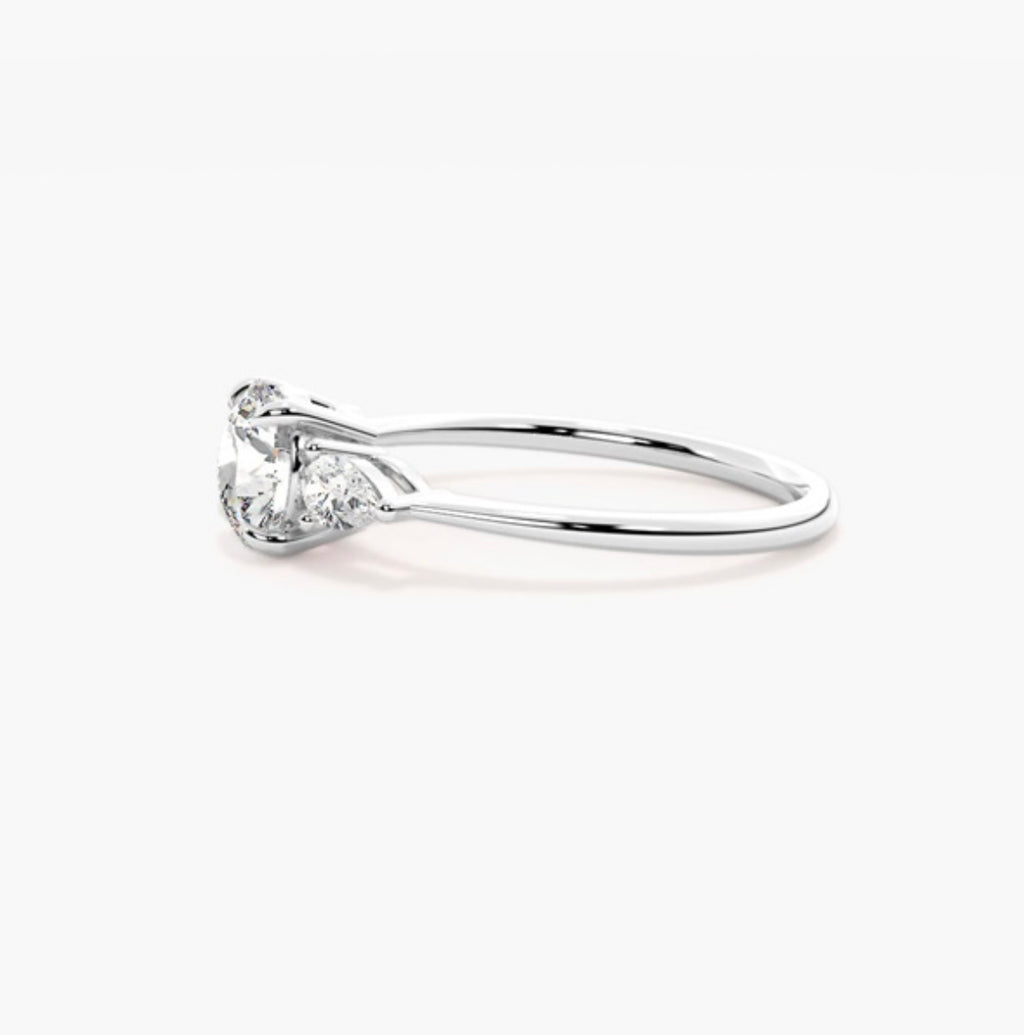1.5ct Round Brilliant Lab Grown Diamond Trilogy Engagement Ring with Pear Side Stones – IGI Certified