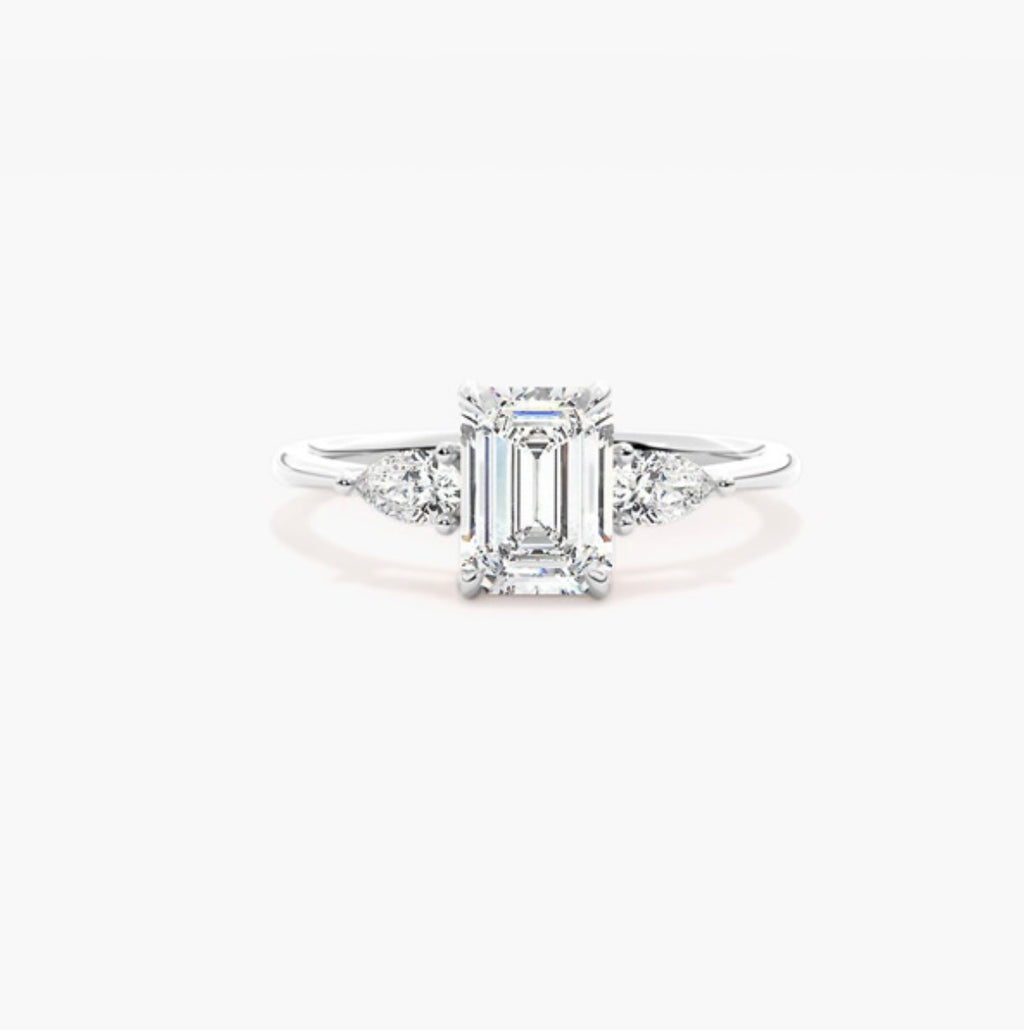 1ct Emerald Cut Lab Grown Diamond Trilogy Engagement Ring with Pear Side Stones – IGI Certified