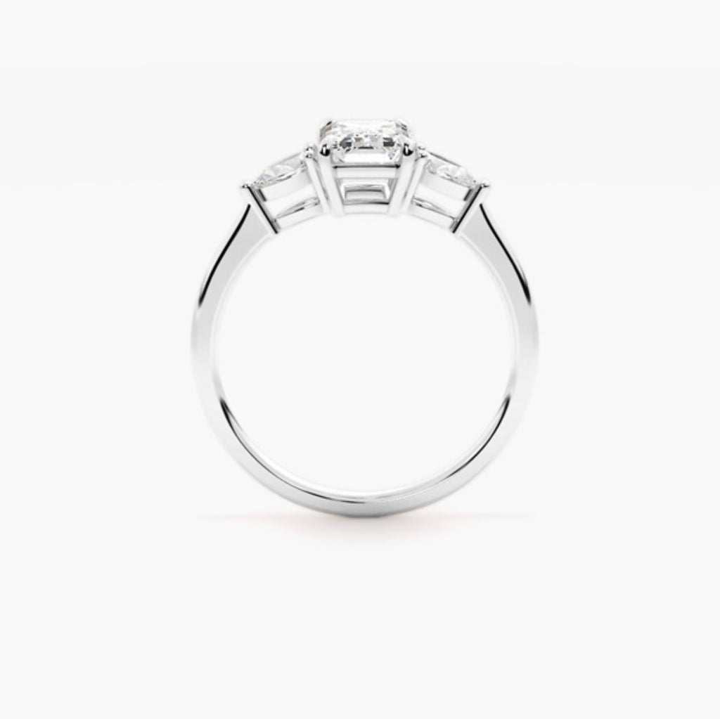 1ct Emerald Cut Lab Grown Diamond Trilogy Engagement Ring with Pear Side Stones – IGI Certified