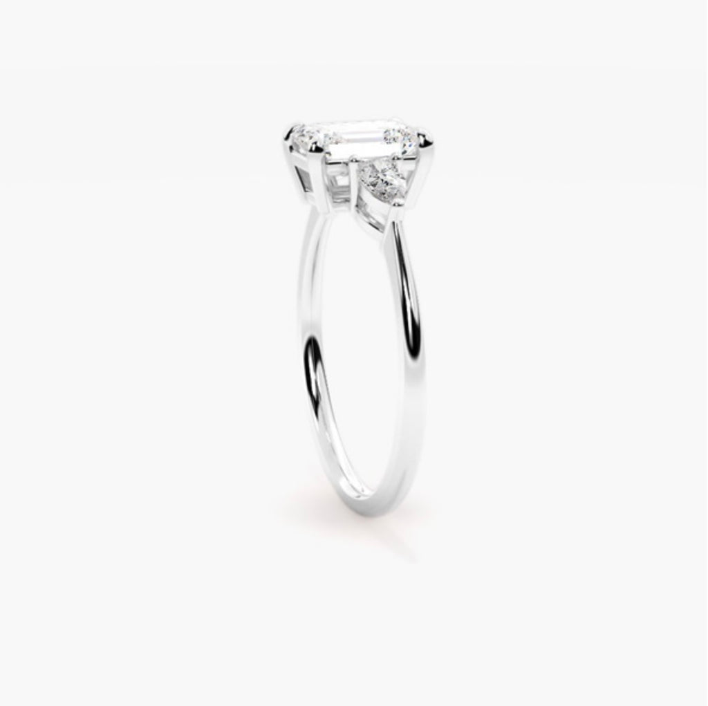 1ct Emerald Cut Lab Grown Diamond Trilogy Engagement Ring with Pear Side Stones – IGI Certified