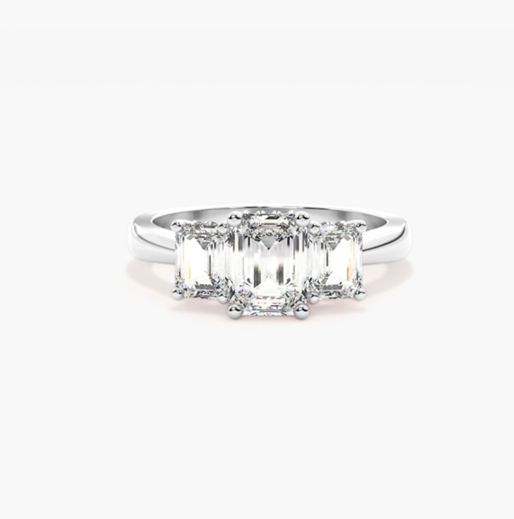 2ct Emerald Cut Lab Grown Diamond Trilogy Engagement Ring with Emerald Side Stones – IGI Certified