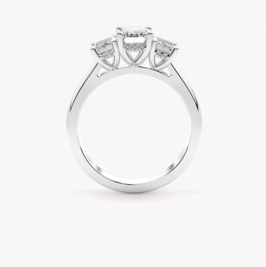 2ct Emerald Cut Lab Grown Diamond Trilogy Engagement Ring with Emerald Side Stones – IGI Certified