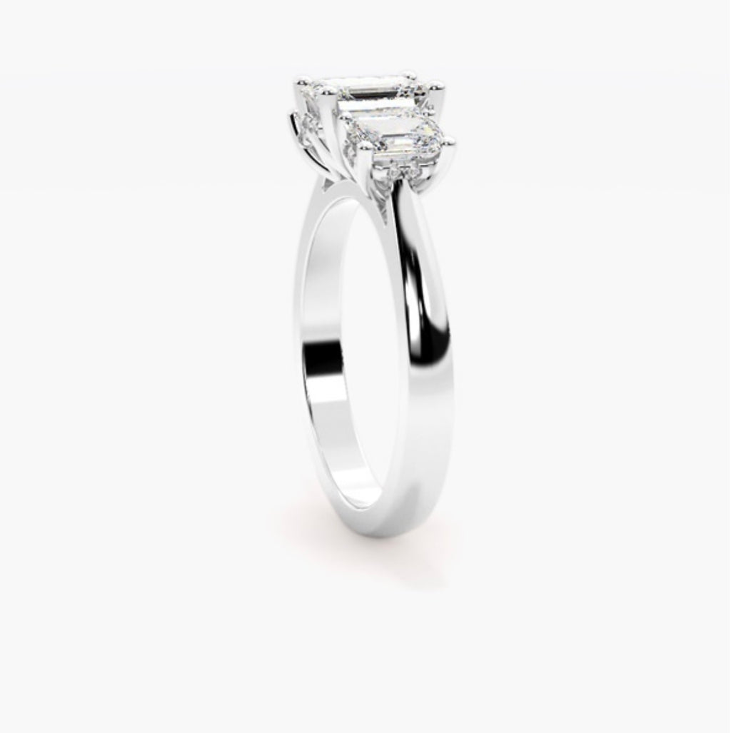 2ct Emerald Cut Lab Grown Diamond Trilogy Engagement Ring with Emerald Side Stones – IGI Certified