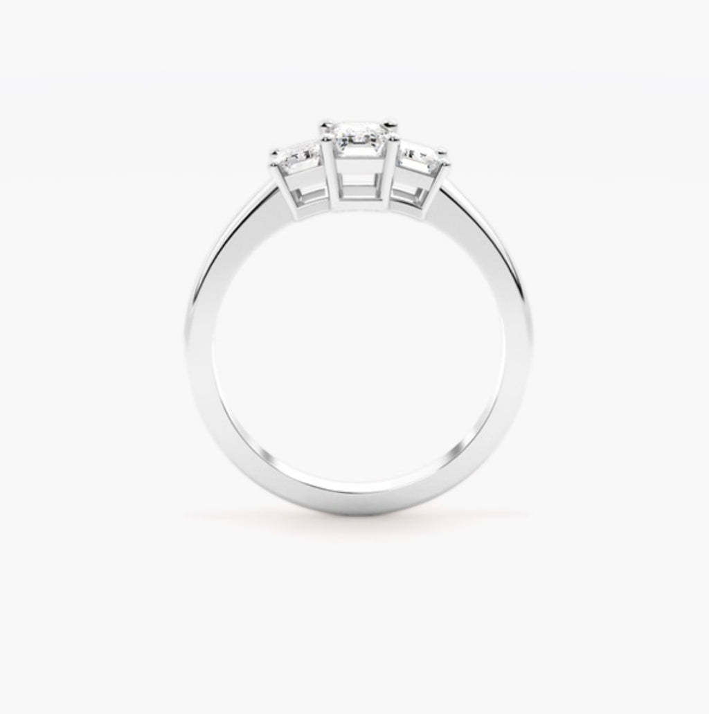 0.75ct Emerald Cut Lab Grown Diamond Trilogy Engagement Ring with Emerald Side Stones – IGI Certified