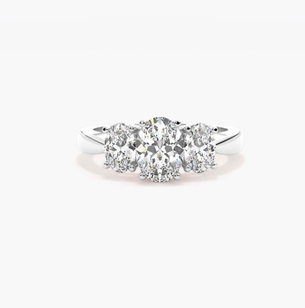 1.5ct Oval Cut Lab Grown Diamond Trilogy Engagement Ring with Oval Side Stones – IGI Certified