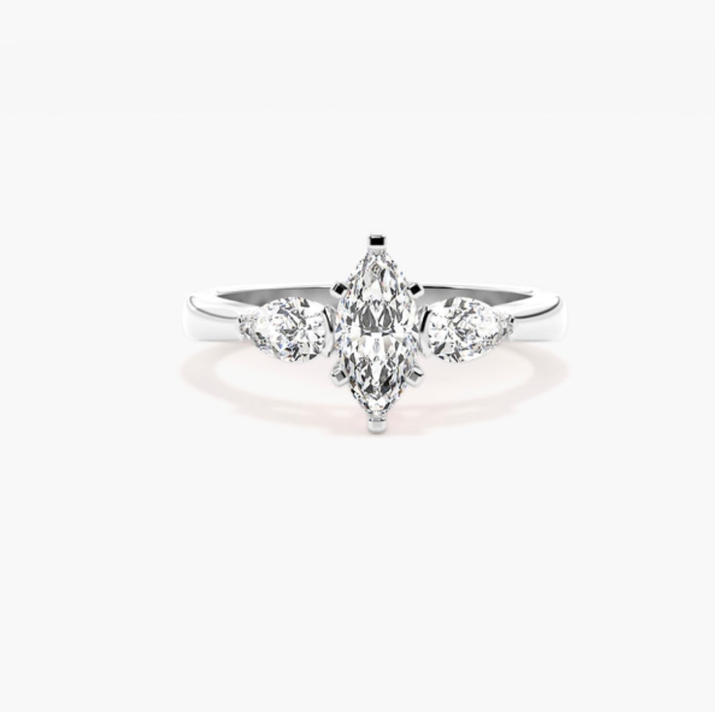 1ct Marquise Cut Lab Grown Diamond Trilogy Engagement Ring with Pear Side Stones – IGI Certified