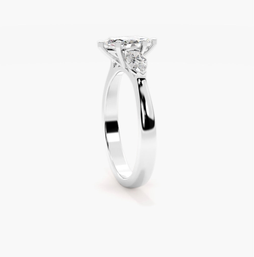 1ct Marquise Cut Lab Grown Diamond Trilogy Engagement Ring with Pear Side Stones – IGI Certified