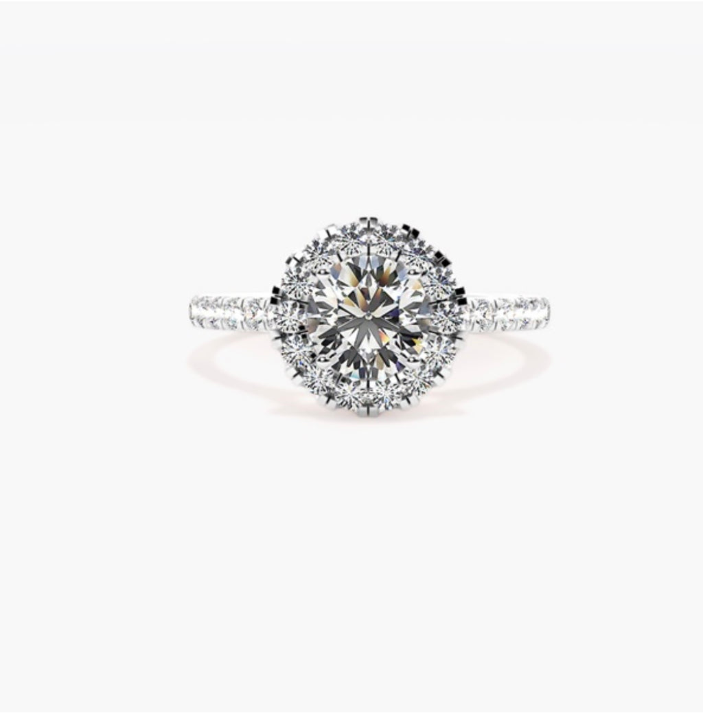 1ct Round Brilliant Lab Grown Diamond Halo Engagement Ring with Pave Shoulders – IGI Certified