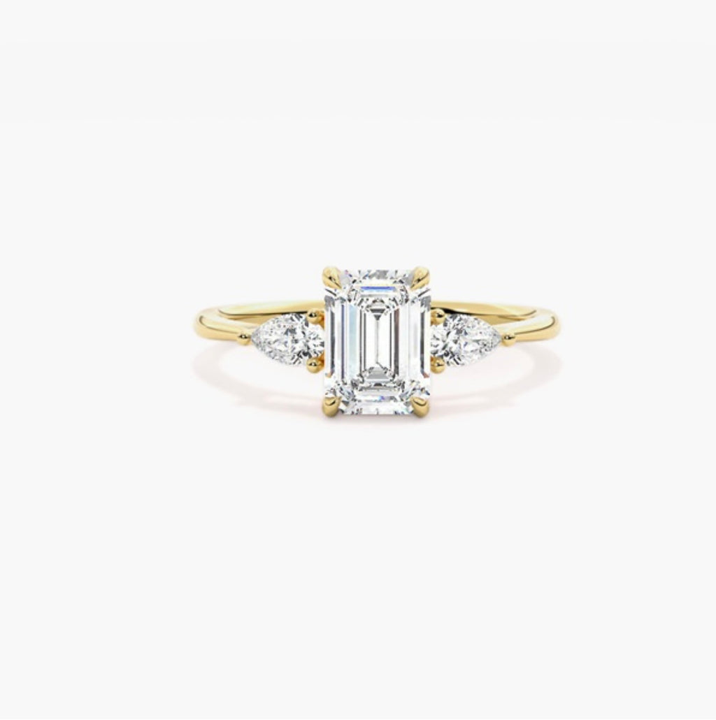 1ct Emerald Cut Lab Grown Diamond Trilogy Engagement Ring with Pear Side Stones – IGI Certified