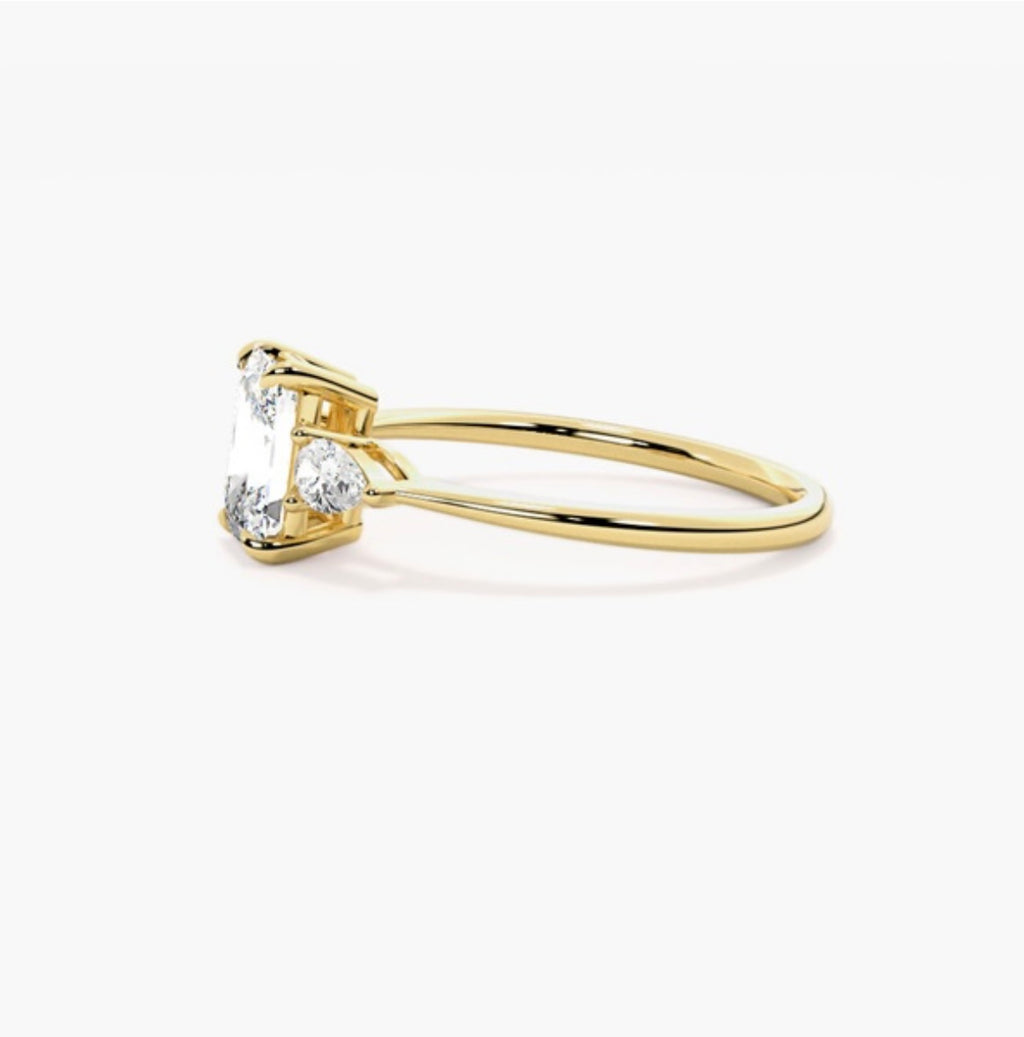 1ct Emerald Cut Lab Grown Diamond Trilogy Engagement Ring with Pear Side Stones – IGI Certified