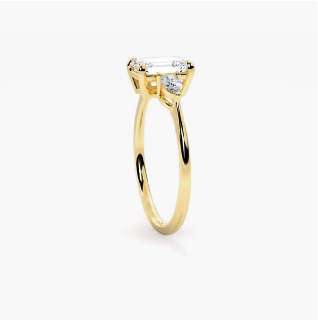 1ct Emerald Cut Lab Grown Diamond Trilogy Engagement Ring with Pear Side Stones – IGI Certified