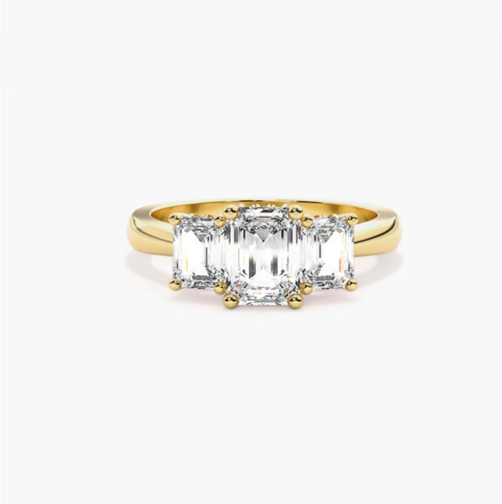 2ct Emerald Cut Lab Grown Diamond Trilogy Engagement Ring with Emerald Side Stones – IGI Certified