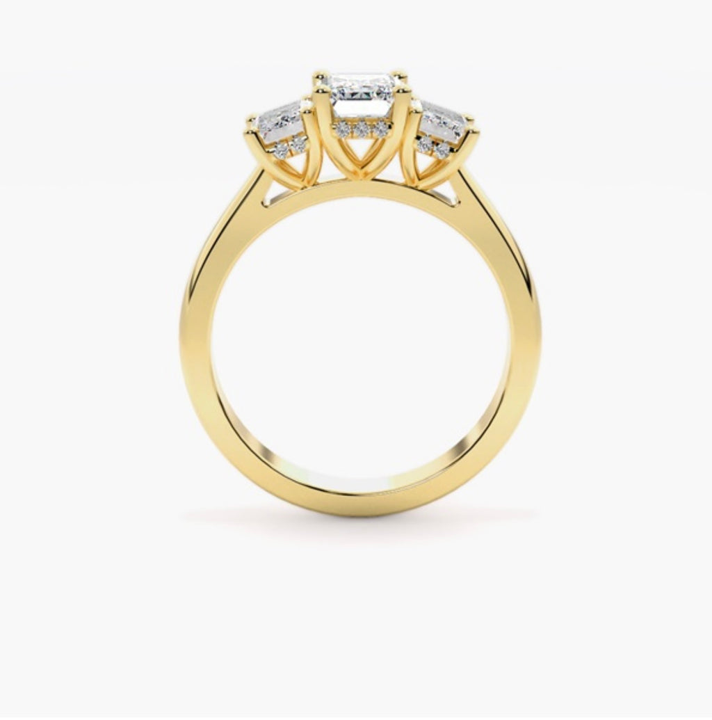 2ct Emerald Cut Lab Grown Diamond Trilogy Engagement Ring with Emerald Side Stones – IGI Certified