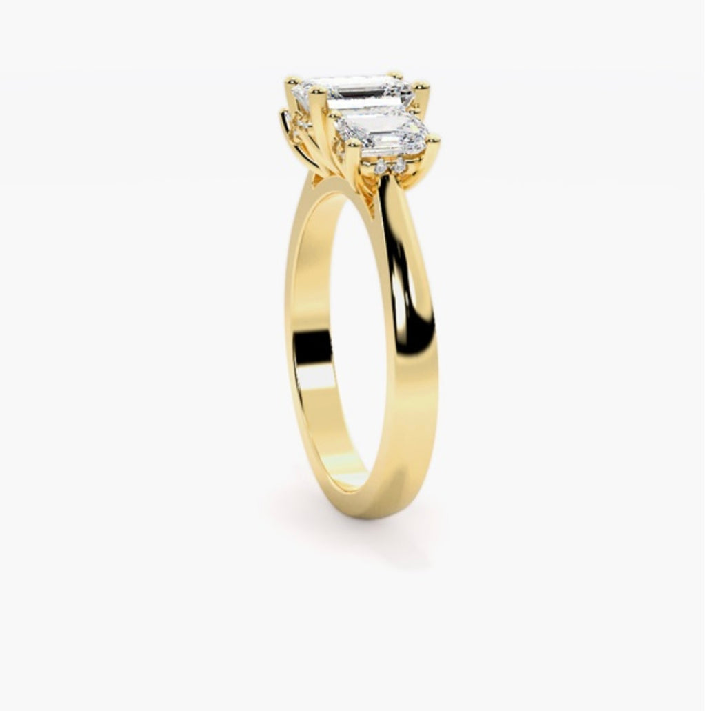 2ct Emerald Cut Lab Grown Diamond Trilogy Engagement Ring with Emerald Side Stones – IGI Certified