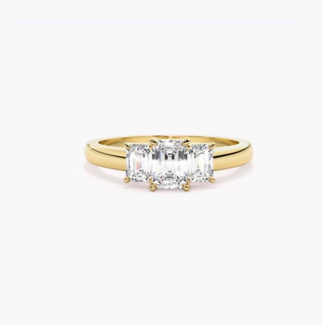 0.75ct Emerald Cut Lab Grown Diamond Trilogy Engagement Ring with Emerald Side Stones – IGI Certified