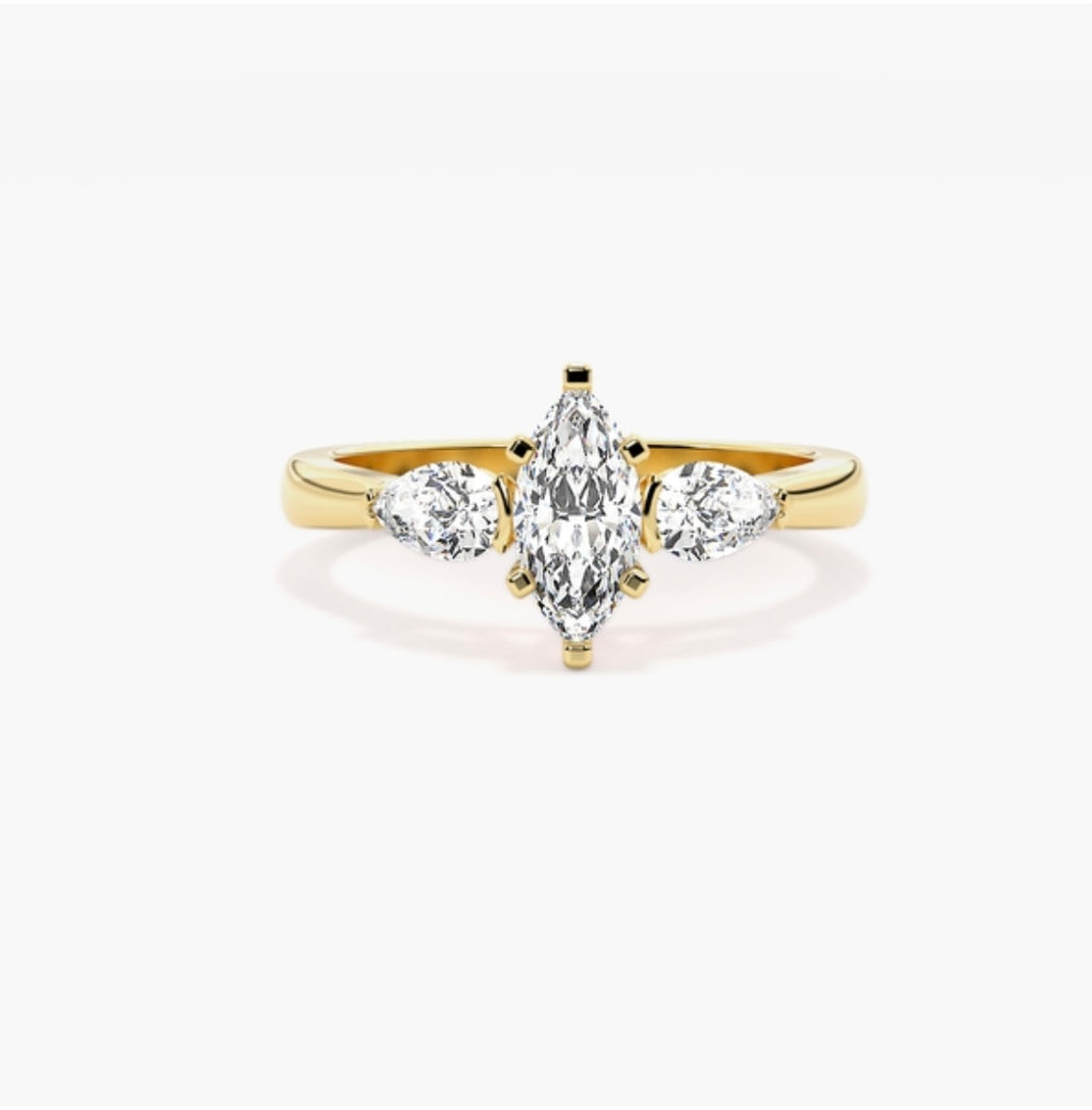 1ct Marquise Cut Lab Grown Diamond Trilogy Engagement Ring with Pear Side Stones – IGI Certified