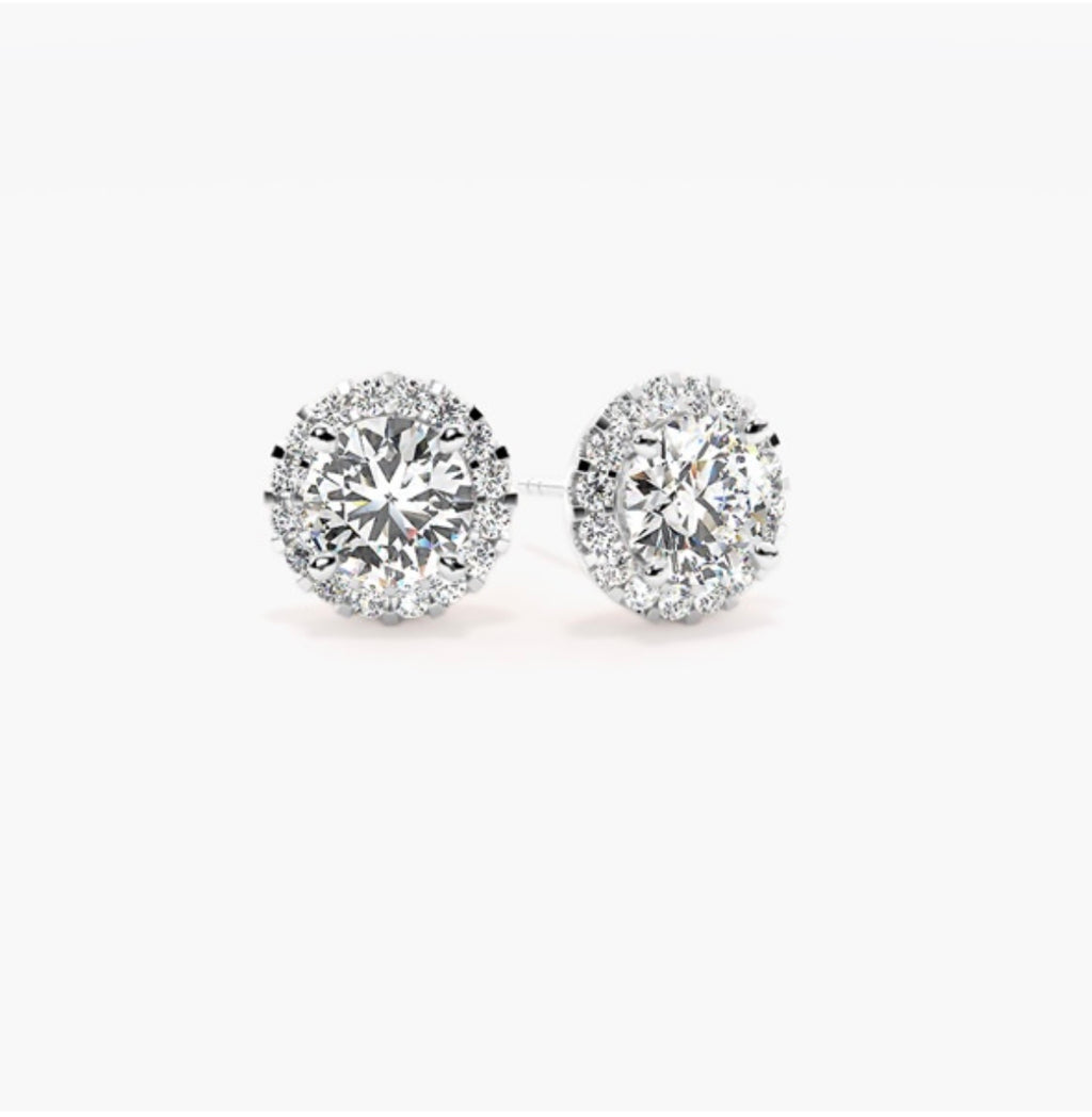 1.50ct Round Brilliant Diamond Halo Stud Earrings – 4 Prong Basket Set