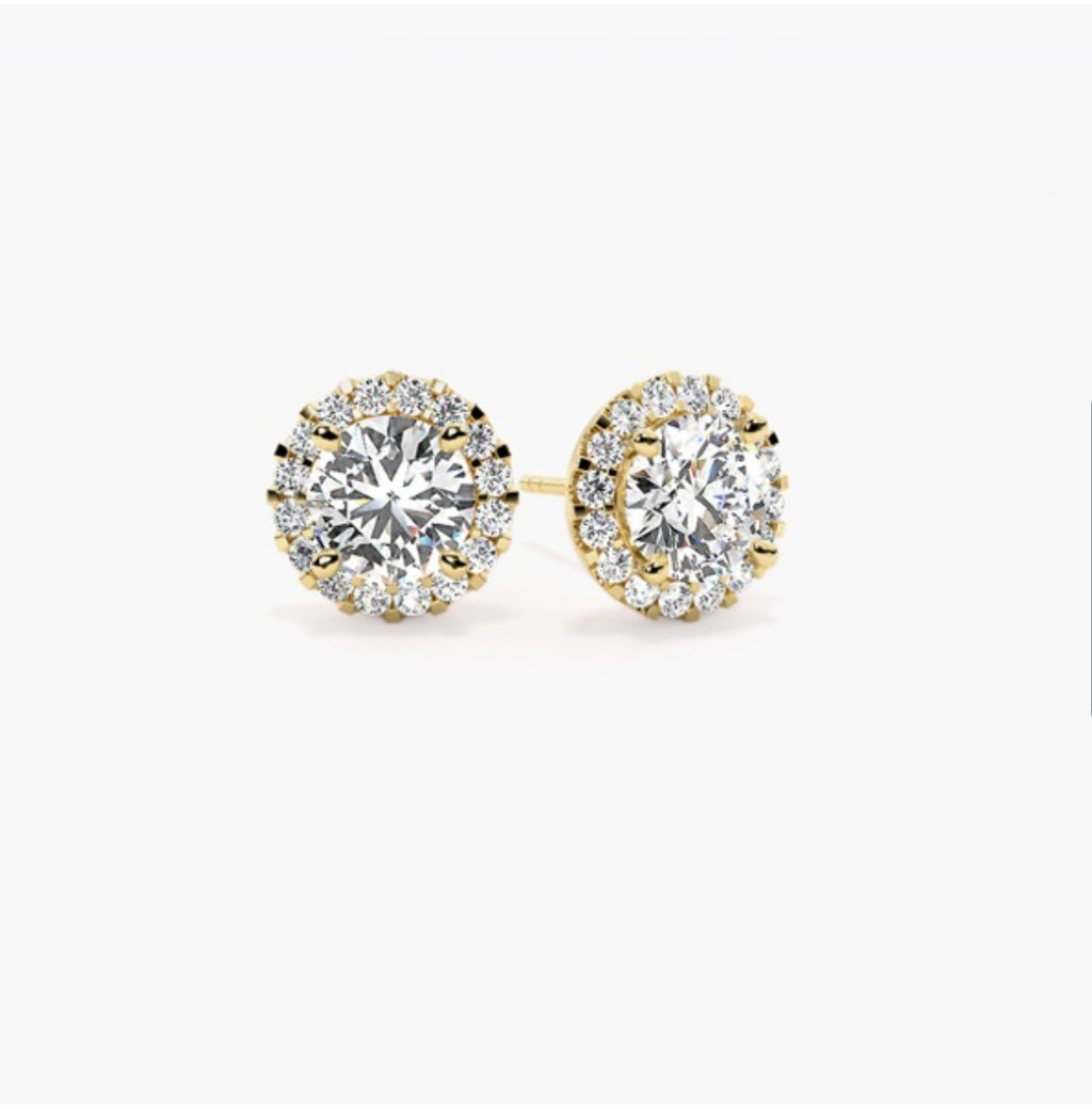 1.50ct Round Brilliant Diamond Halo Stud Earrings – 4 Prong Basket Set