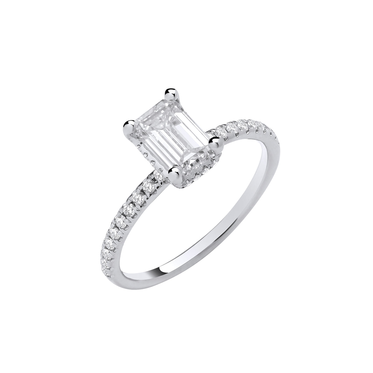 1.23ct Lab Grown Emerald Cut Hidden Halo Diamond Shoulder Engagement Ring 18K White Gold  – IGI Certified