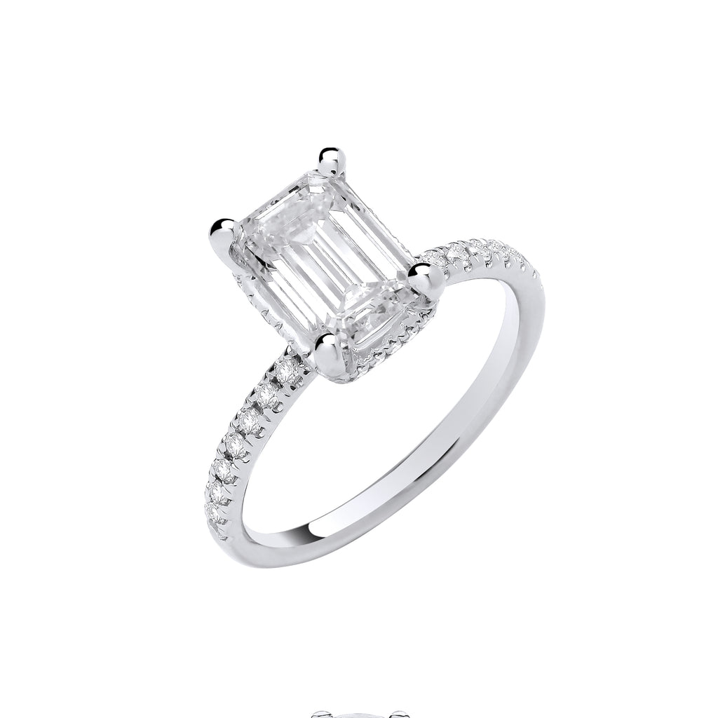 2.25ct Lab Grown Emerald Cut Hidden Halo Diamond Shoulder Engagement Ring 18K White Gold– IGI Certified