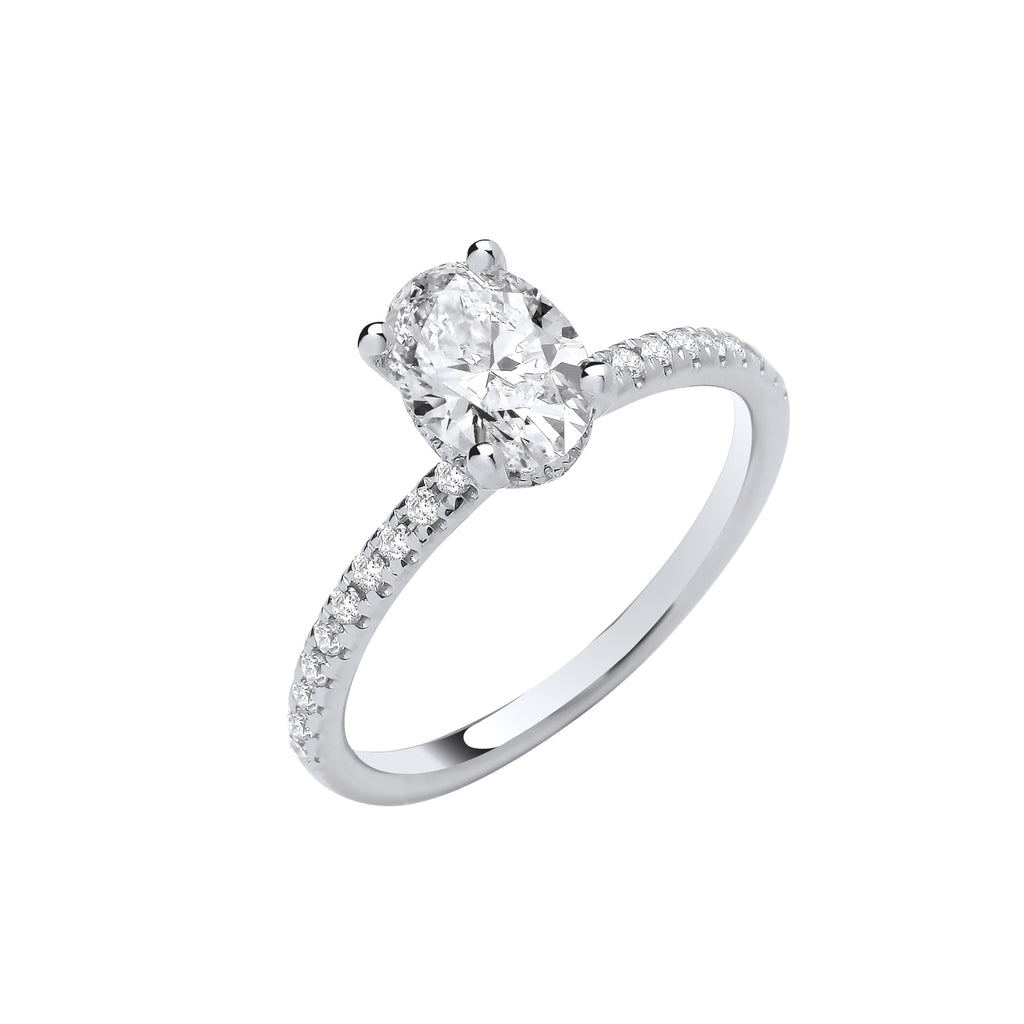 1.21ct Lab Grown Oval Hidden Halo Diamond Shoulder Engagement Ring 18K White Gold– IGI Certified